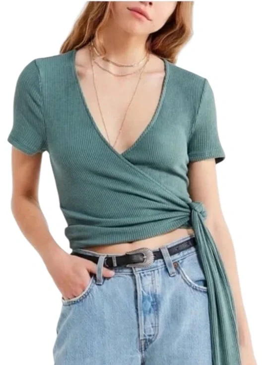 Project Social T x Urban Outfitters Ribbed Wrap Tie Crop Top Teal Green Small - Picture 2 of 9